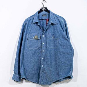 VTG J Peterman Denim Shirt XXL Double Pocket Distressed Workwear Y2K Blue 2XL
